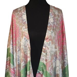 Umgee USA Pink Green Paisley Floral Kimono Wrap Open Front Boho Small Medium NWT